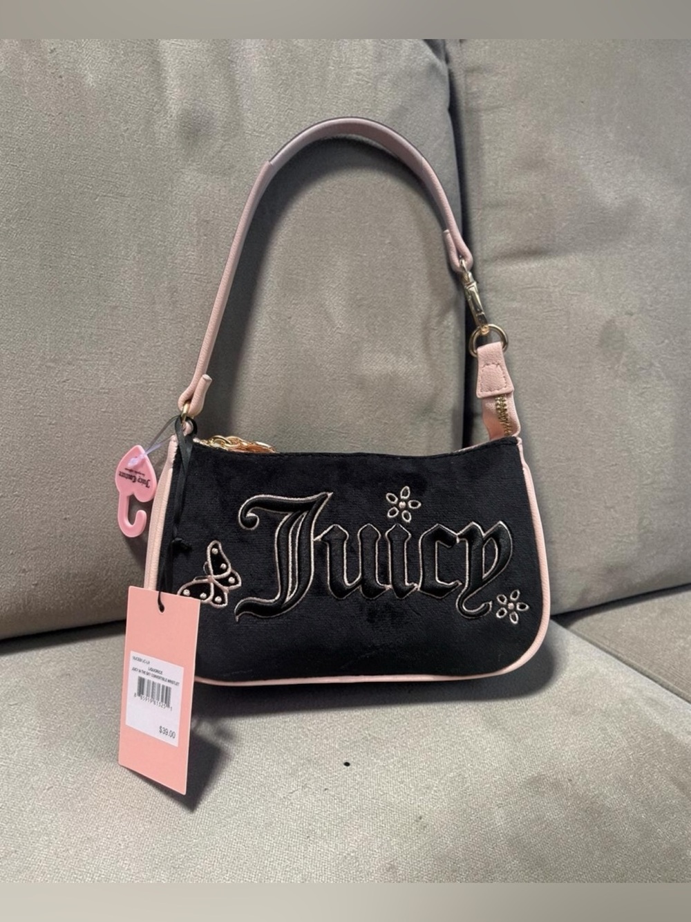 Juicy Couture Black Velvet Shoulder Bag with‎ Pink Trim